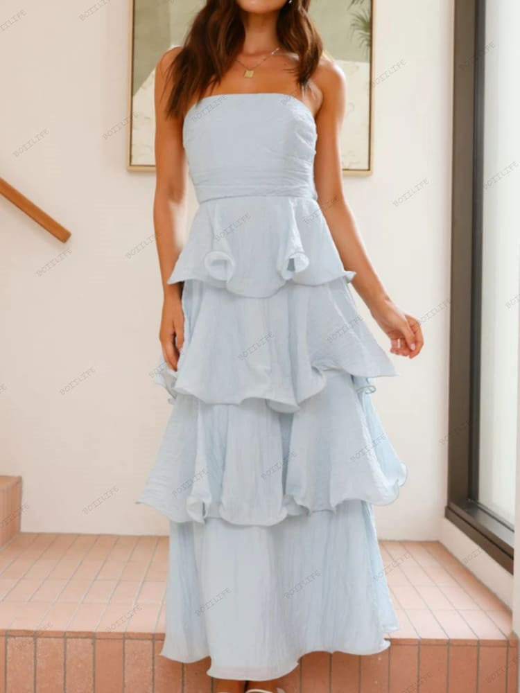 Şık Askısız Sırt Dekolteli Katmanlı Midi Elbise