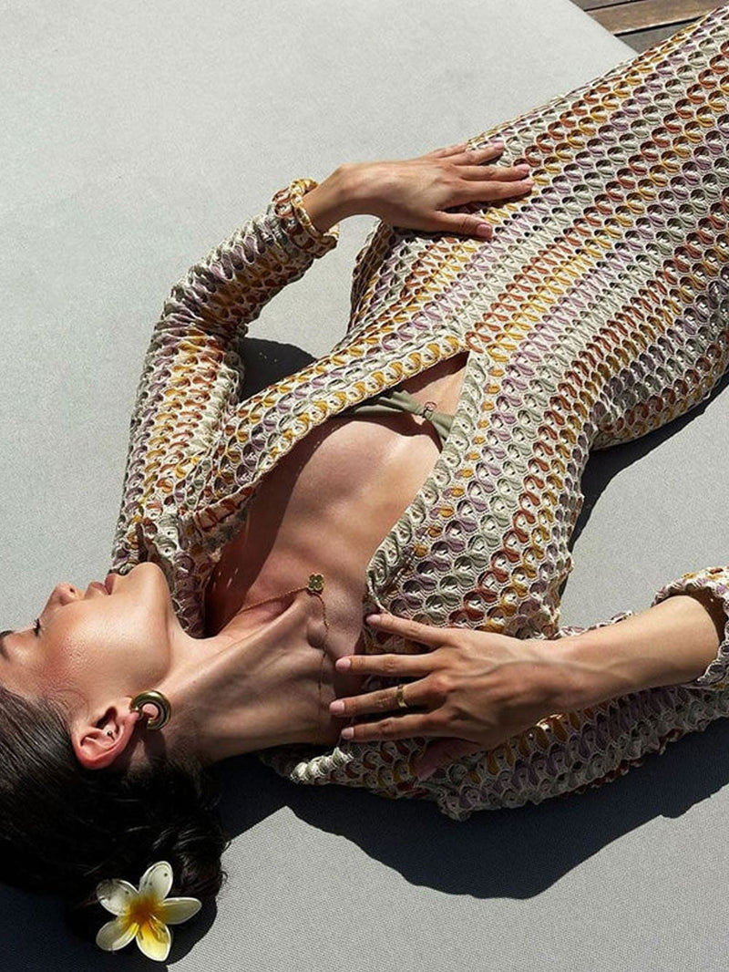 Boho Yaka V Yaka Ayrık Dalgalı Çizgili Tığ İşi Plaj Tatili Maxi Elbise - Kahverengi