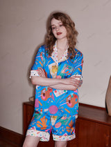 Kırtasiye Baskı Günlük Kısa Kollu Rahat Giyim Seti - Mavi