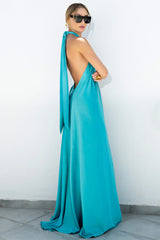 Saten Zarif Maksi Uzun Elbise: Sırtı Açık Boyundan Bağlamalı