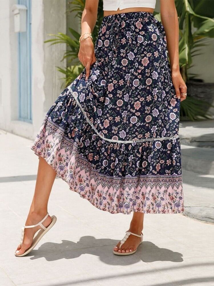 Midnight Meadows Çiçekli Katlı Etek