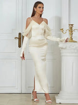 Vintage Spagetti Askılı Yırtmaçlı Elbise