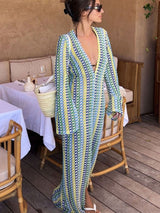 Boho V Yaka Çan Kol Dalgalı Çizgili Tığ İşi Plaj Tatili Maxi Elbise - Sarı