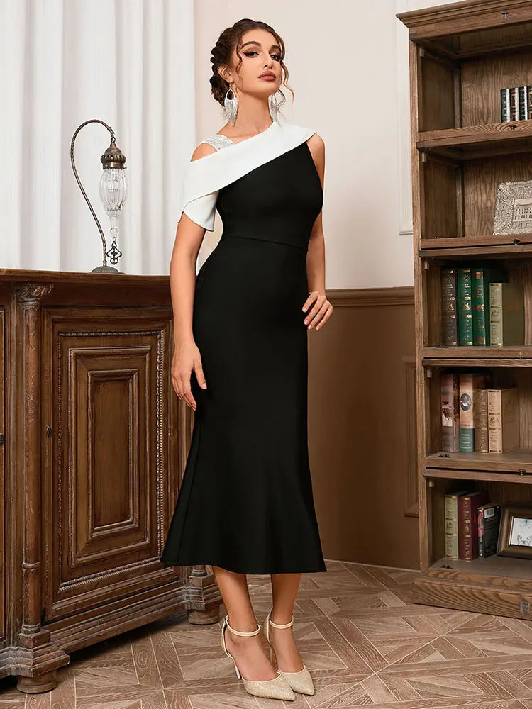 Seksi Renk Bloklu Asimetrik Bodycon Elbise