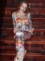 Beyaz Orman Bahçesi Desenli Buz İpek Uzun Kollu Lounge Giyim Seti