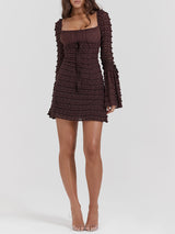 Zengin Kahverengi Dantel Mini Elbise