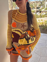 Mercan Resifi İlhamlı Desenli Kroşe Mini Elbise