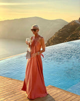 Saten Zarif Maksi Uzun Elbise: Sırtı Açık Boyundan Bağlamalı