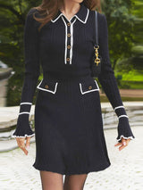 Uzun Kollu Yaka Detaylı Triko Mini Elbise