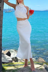 Saten Boyundan Bağlamalı Crop Top + Wrap Mini Etek