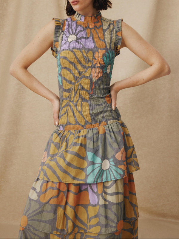 Multicolor Botanical Print Midi Dress