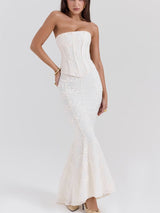 İşlemeli Omuzu Açık Sırtsız Bedene oturan Maxi Elbise