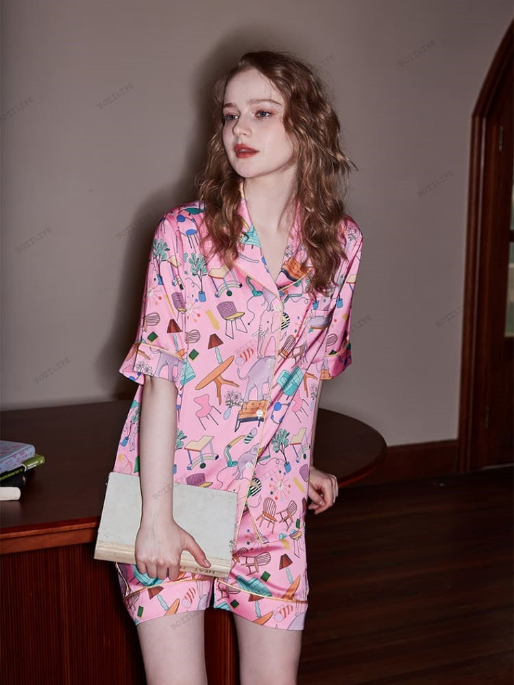 Fil ve Mobilya Baskı Buz İpek Kısa Kollu Rahat Kıyafet Seti