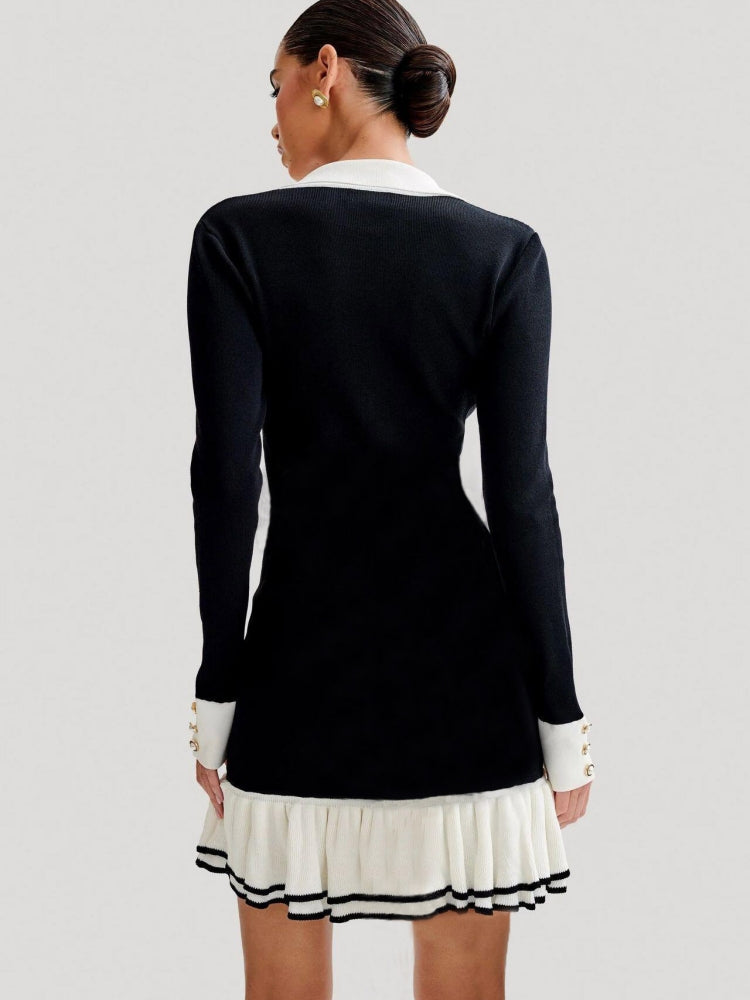 Fırfırlı İnci Düğmeli Triko Mini Elbise