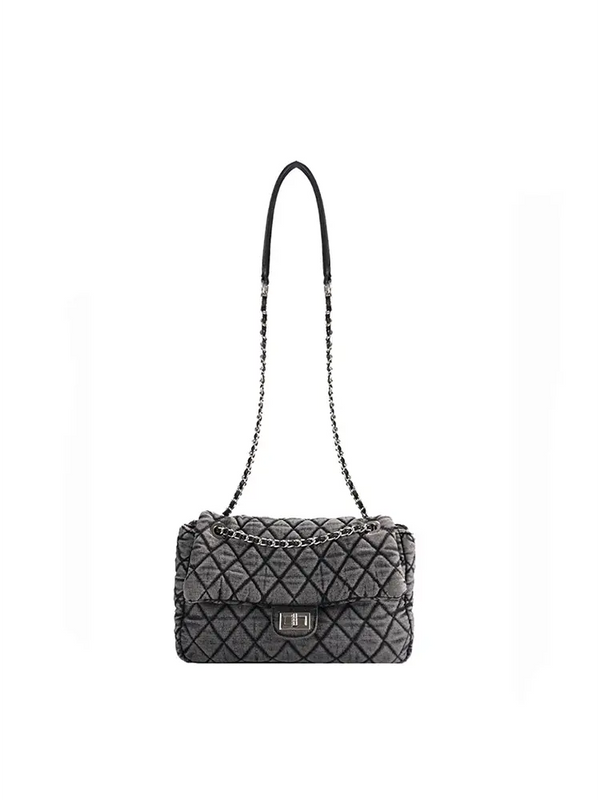 Washed Denim Quilted Chain Shoulder Bag