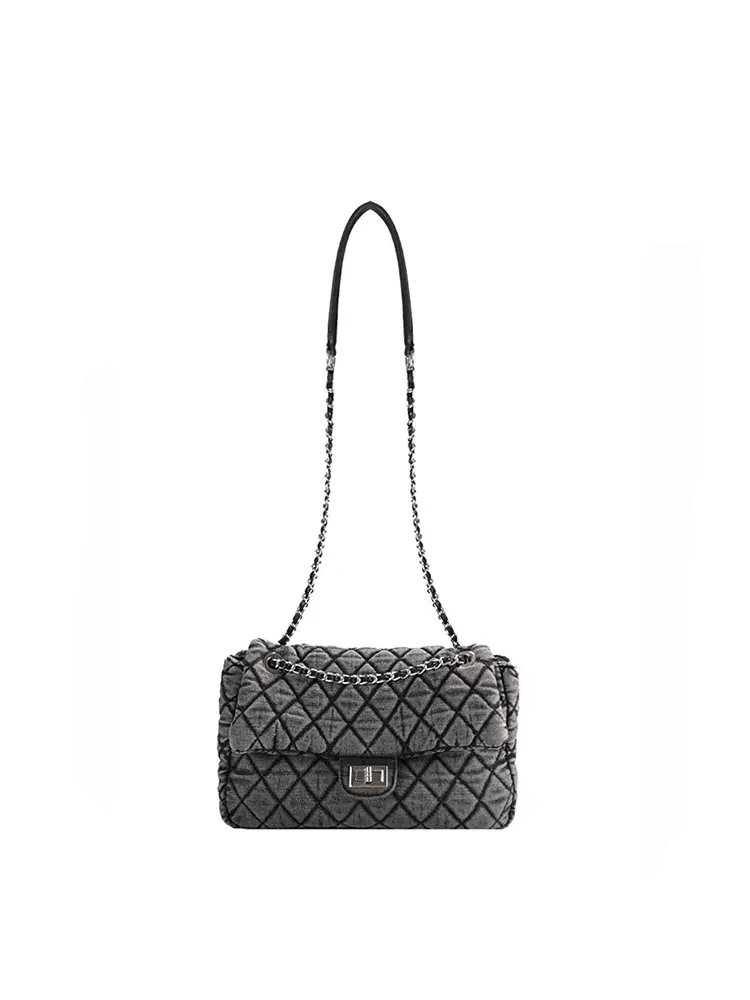 Washed Denim Quilted Chain Shoulder Bag