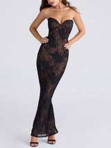 Black Stretch Lace Corseted Bodice Maxi Dress