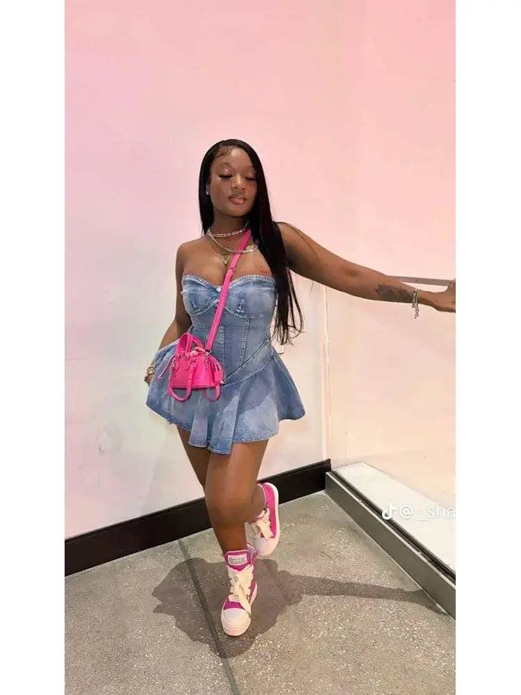 Straplez Volanlı Kot Elbise