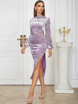 Şık Kadife Yuvarlak Yaka Akşam Elbisesi