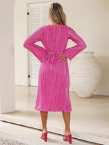 Mountain Vistas Dökümlü Pileli Çan Kol Midi Elbise