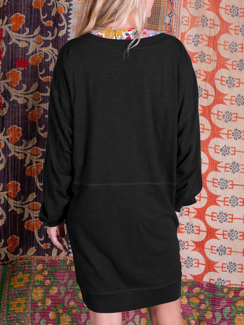 Renk Bloklu V Yaka Gündelik Mini Elbise