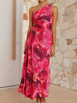 Plise Tek Omuz Kesik Bel Çiçekli Elbise