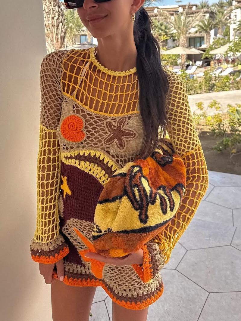 Mercan Resifi İlhamlı Desenli Kroşe Mini Elbise