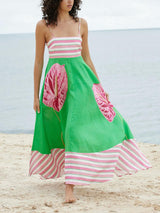 Çiçek Desenli Panelli Çizgili Askılı Mixi Elbise