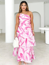 Tek Omuzlu Askılı Çiçek Desenli Elbise