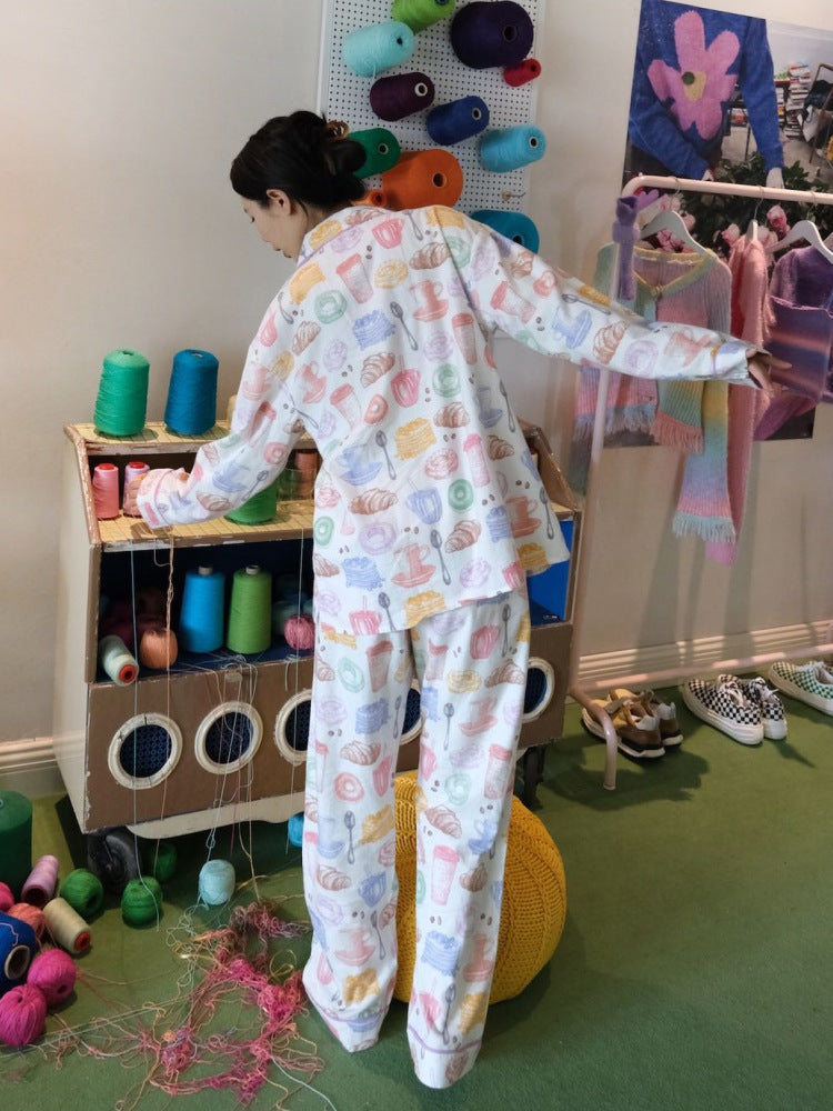 Sütlü Çay ve Ekmek Desenli Pijama Takımı