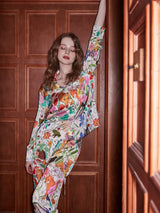 Beyaz Orman Bahçesi Desenli Buz İpek Uzun Kollu Lounge Giyim Seti