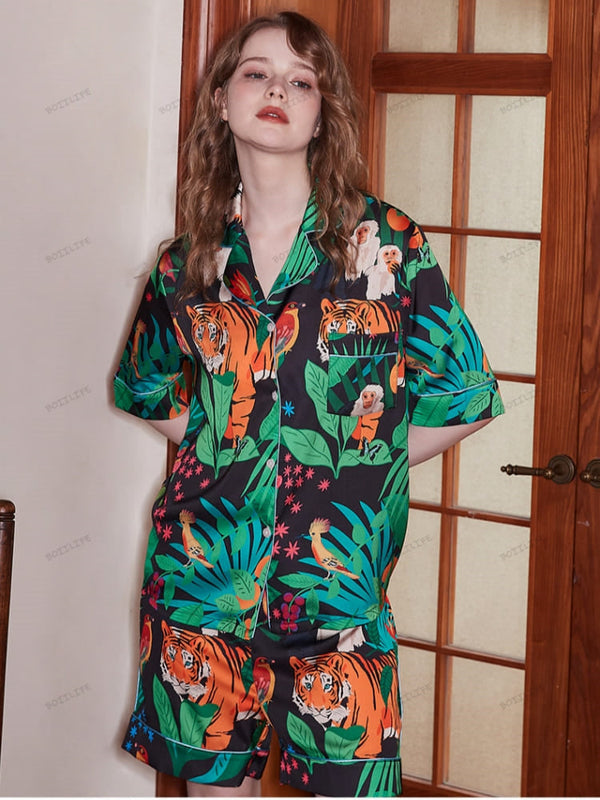 Kaplan ve Maymun Desenli Buz İpek Kısa Kollu Lounge Giyim Seti