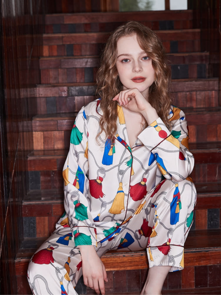 Püsküllü Desen Buz İpek Uzun Kollu Lounge Giyim Seti