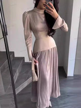 Renk Blok Ekleme Dar Kesim Bağcıklı Uzun Kollu Maxi Elbise