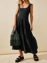 Kare Yaka Patchwork Boho Maxi Elbise