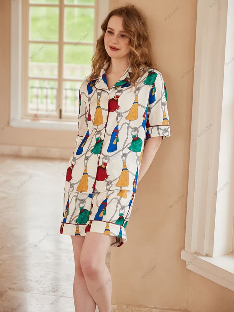 Saçak Desenli Buz İpek Kısa Kollu Lounge Giyim Seti