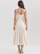 Vintage Düşük Bel Midi Elbise - Krem Bej