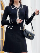 Uzun Kollu Yaka Detaylı Triko Mini Elbise