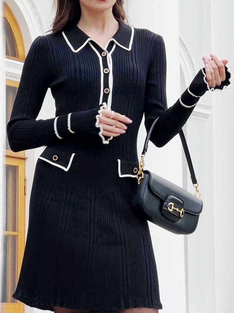 Uzun Kollu Yaka Detaylı Triko Mini Elbise