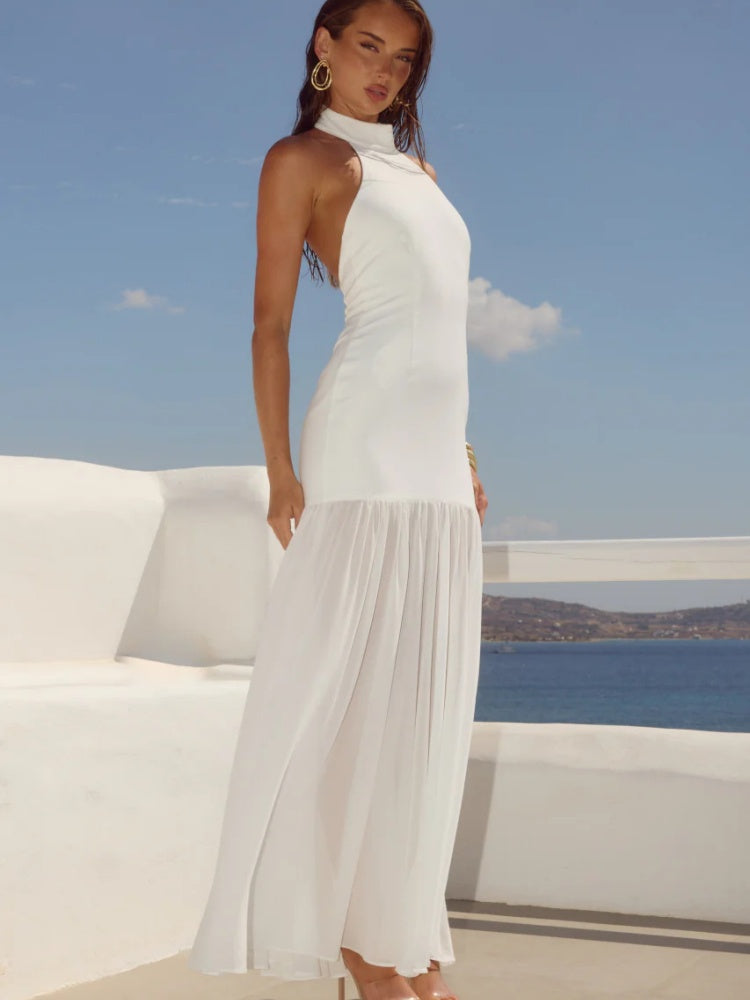 Tulle Hanging  Neck Panel Evening Gown