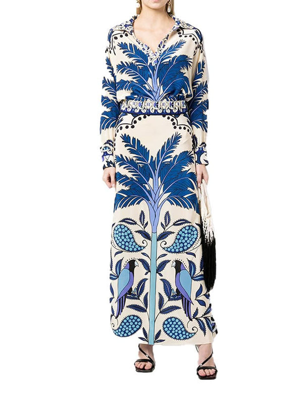 Moda Baskılı V Yaka Uzun Kollu Kırpılmış Üst ve Etek Takımı