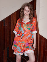 Kırtasiye Baskılı Buz İpek Kısa Kol Günlük Giyim Takımı