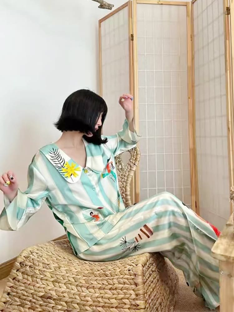 Ev Tekstili - Baskılı Buz İpek Uzun Kollu Pijama Takımı