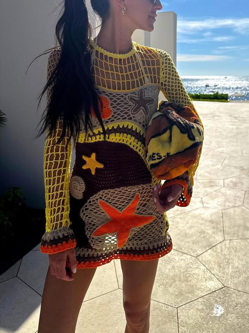 Mercan Resifi İlhamlı Desenli Kroşe Mini Elbise