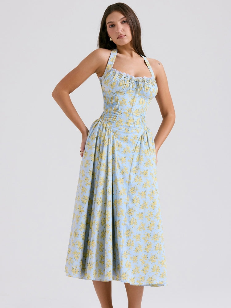 Yumuşak Mavi Vintage Çiçek Desenli Sırtı Açık Tank Elbise