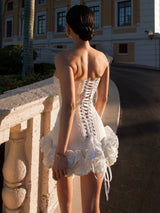 Kırmızı 3D Çiçek Etek Seksi Bağcıklı Düşük Omuz Mini Elbise