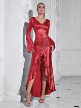 V-Yaka Büzgülü Asimetrik Akşam Elbisesi