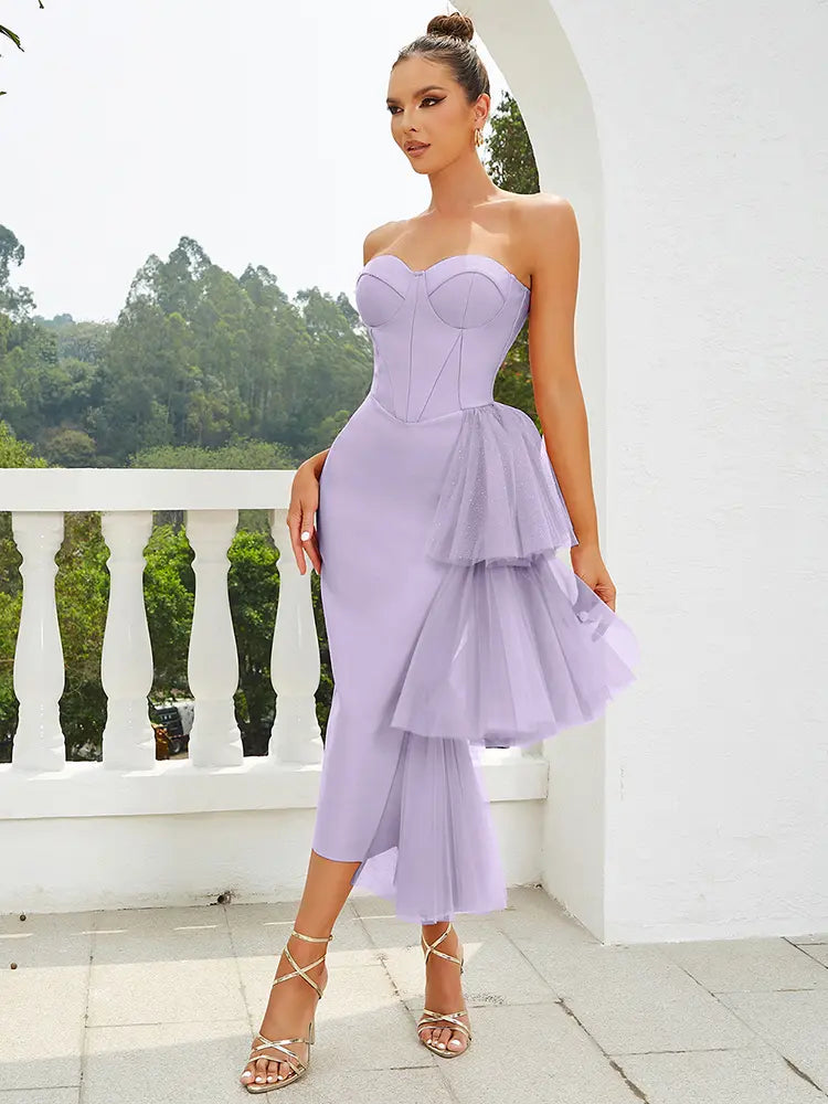 Askısız Dantel Yırtmaçlı Bandaj Elbise