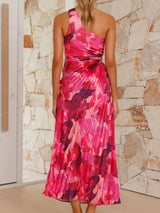 Plise Tek Omuz Kesik Bel Çiçekli Elbise