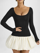 Şık U-Yaka Renk Bloklu Elbise